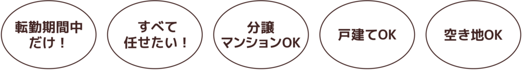 転勤期間中だけOK! 　すべて任せたい　分譲マンションOK　戸建てOK　空き地OK